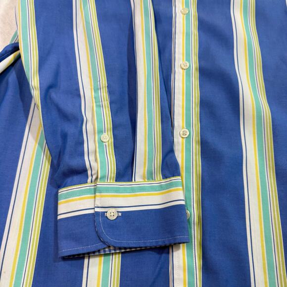 Chaps L Blue Green‎ Yellow Striped Button Up Shirt Gingham Cuff Preppy Coastal - Picture 2 of 10